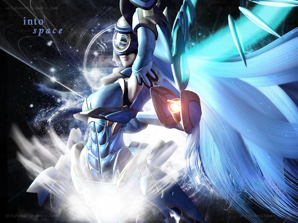 blue armored warrior in space