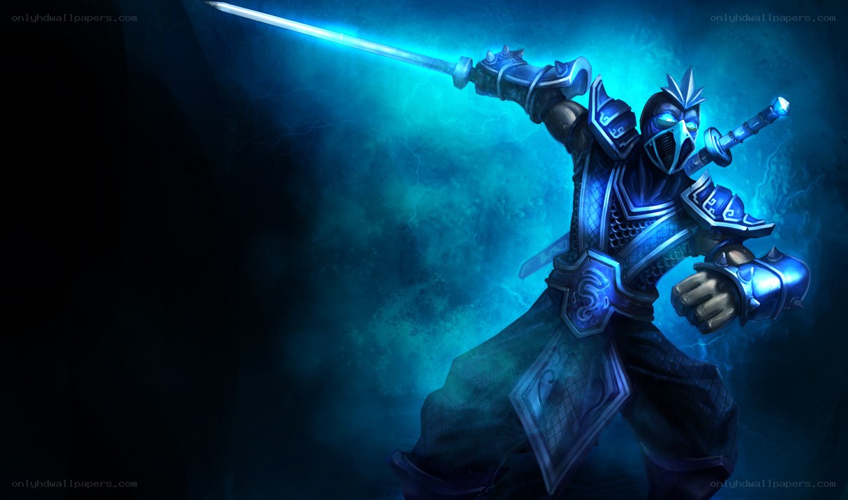 blue-armored warrior with glowing sword