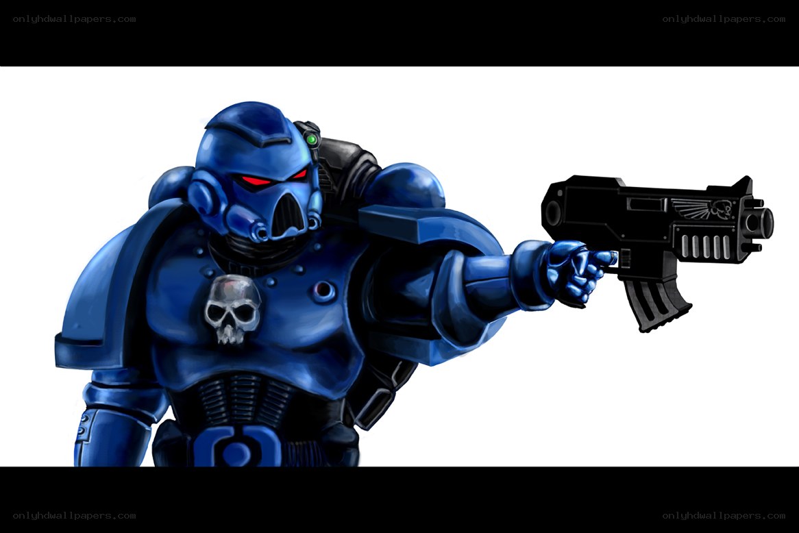 blue armored warrior with gun