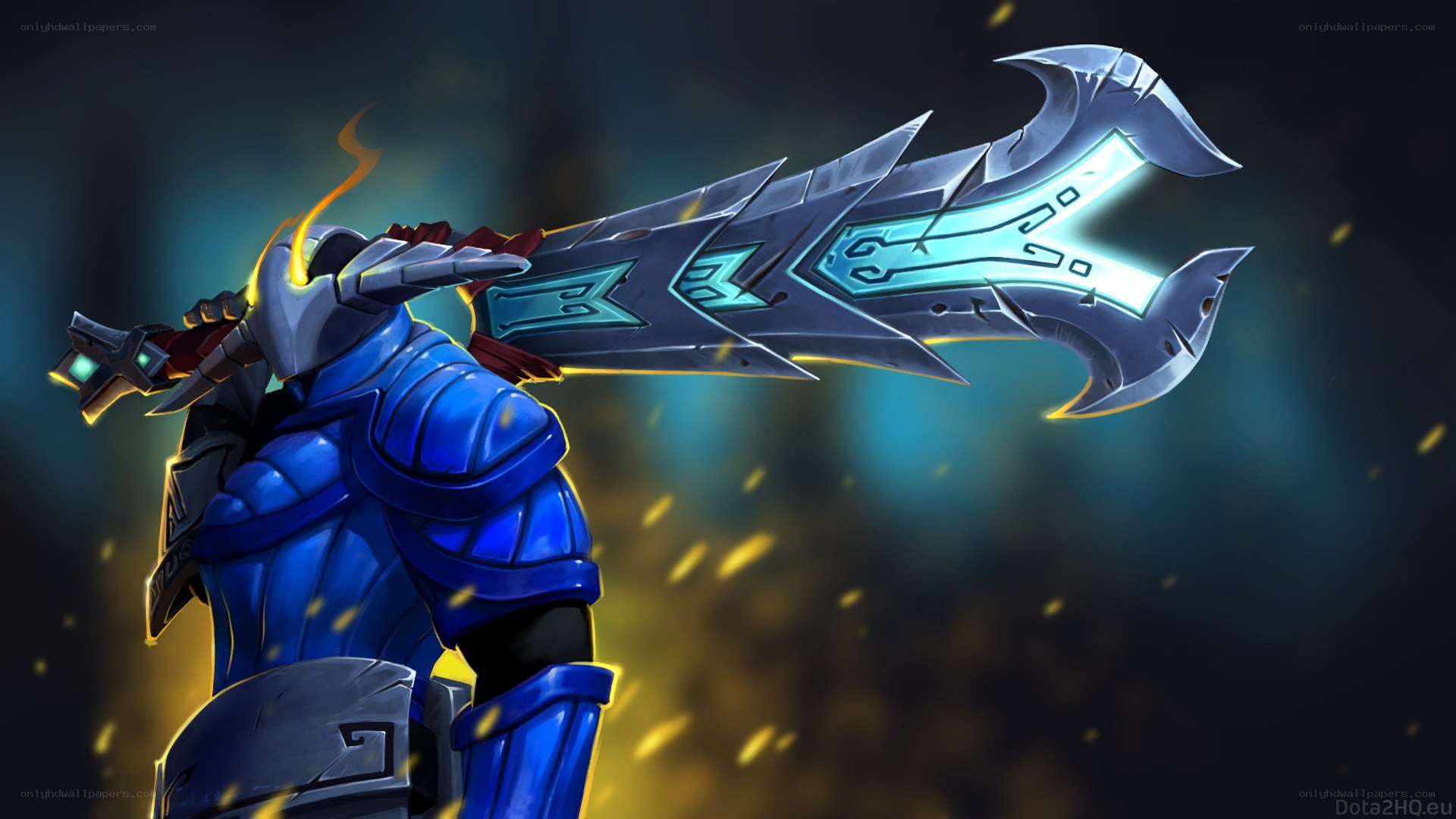 blue armored warrior with large sword