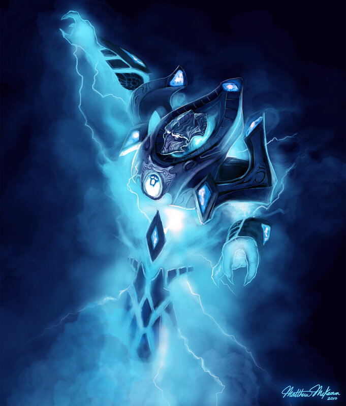 blue armored warrior with lightning