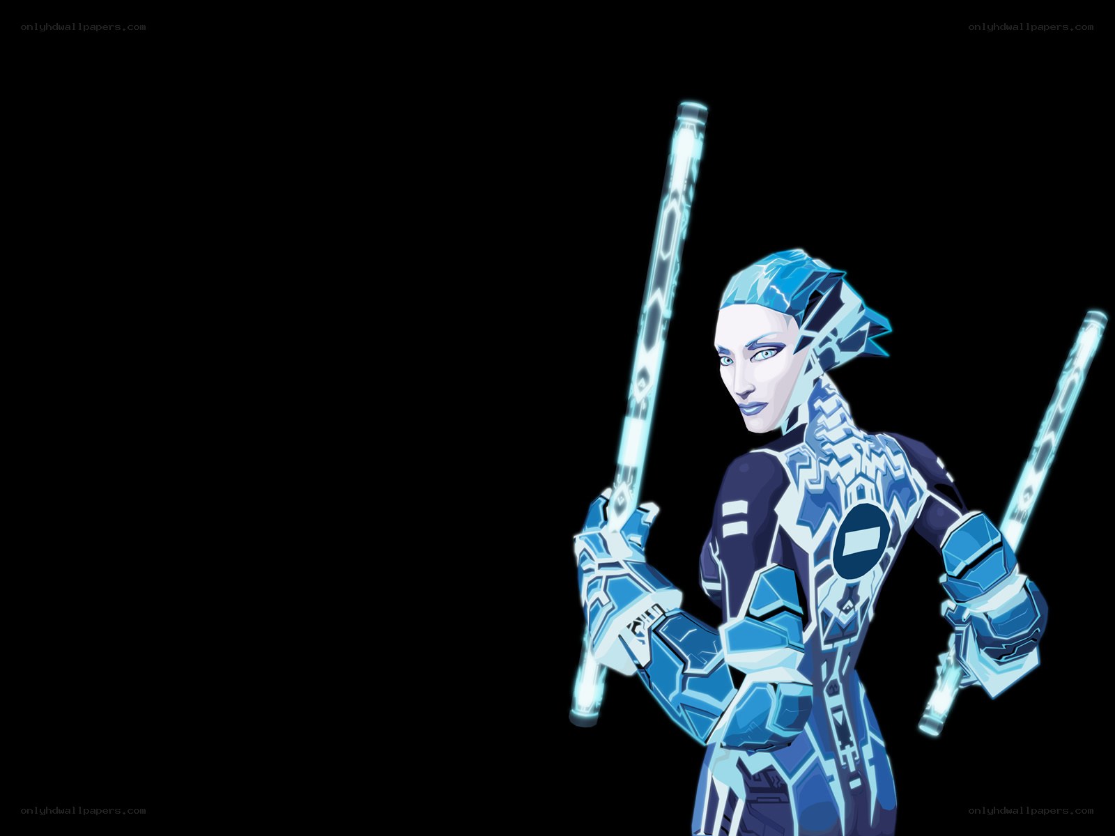 blue armored warrior with staffs
