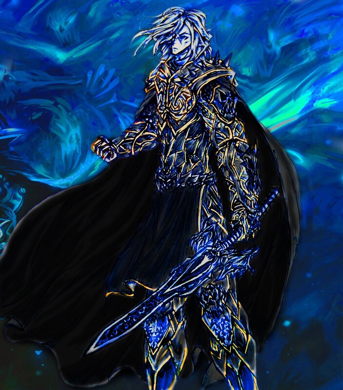 blue armored warrior with sword