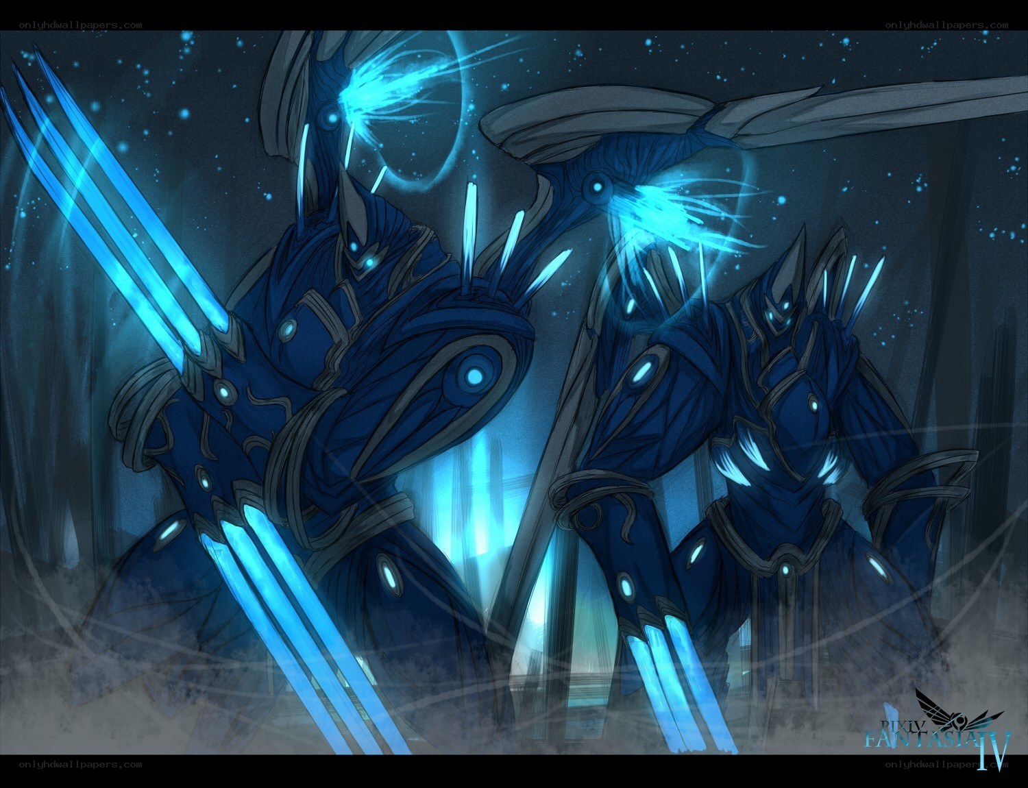 Blue armored warriors in battle