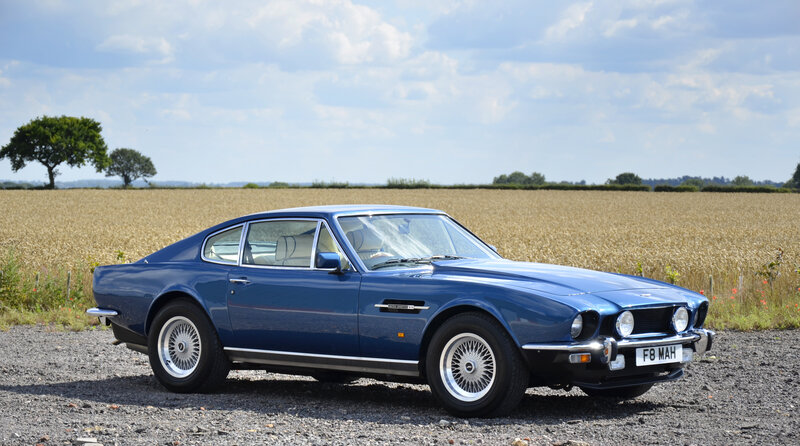 Blue Aston Martin in a field