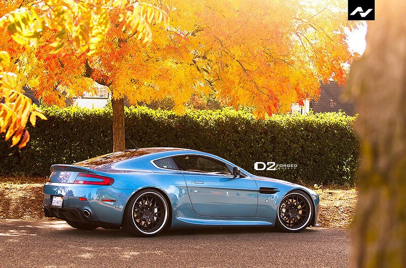 Blue Aston Martin in autumn