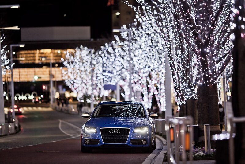 Blue Audi Car — Festive, Night