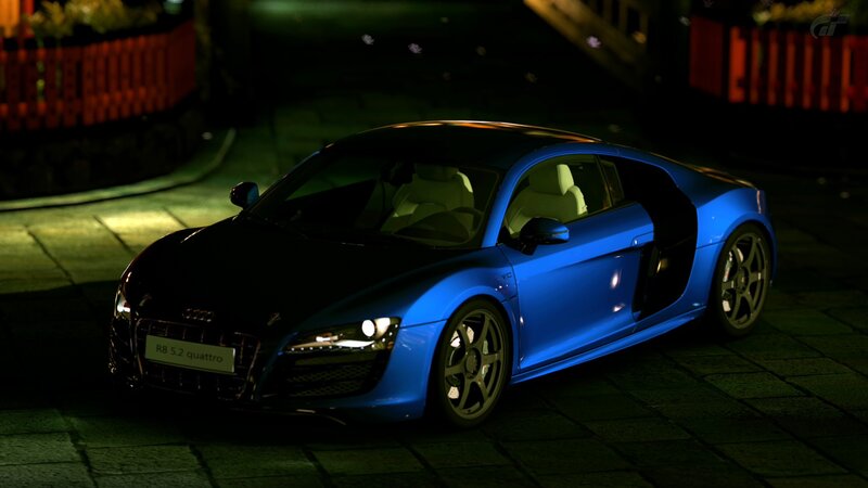 blue audi r8 at night