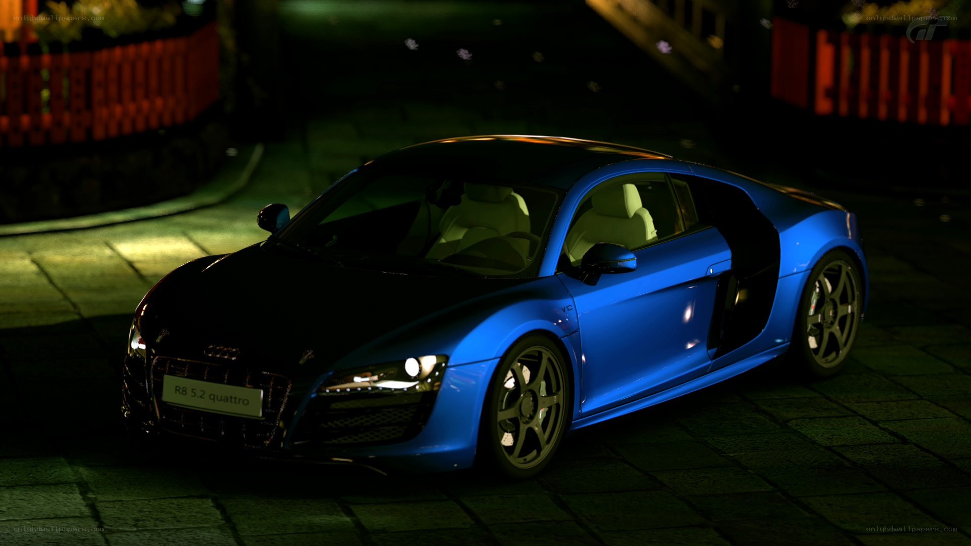 blue audi r8 at night