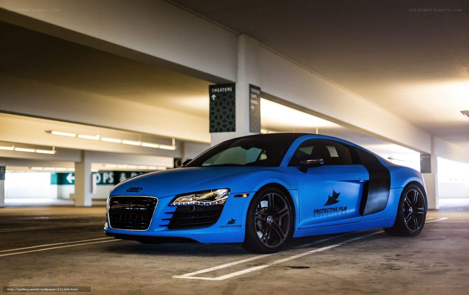 Blue Audi R8 in parking garage