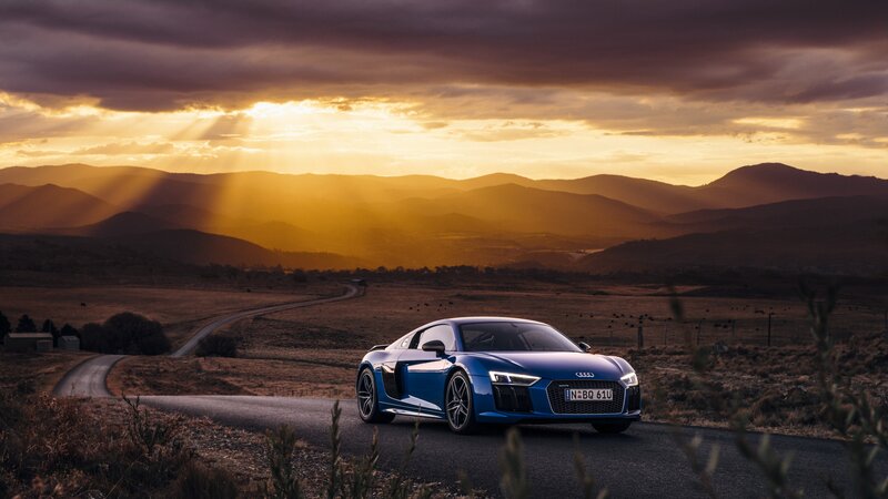 Blue Audi R8 Sports Car — Dramatic, Sunset, Photograph, Road