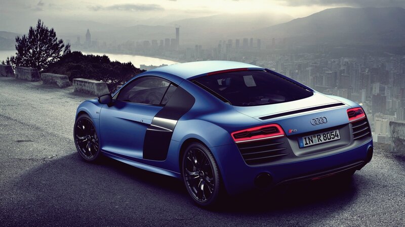 Blue Audi R8 Sports Car — Dramatic, Sunset