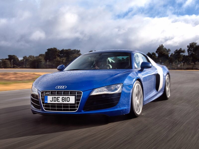 Blue Audi R8 Sports Car — Dynamic, Afternoon, Photograph, Race Track, Trees, Clouds
