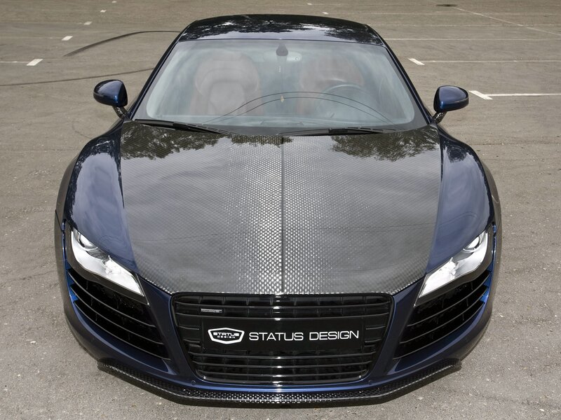 blue audi r8 with carbon fiber hood