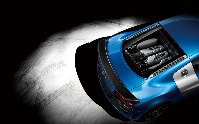Blue Audi R8 with engine exposed