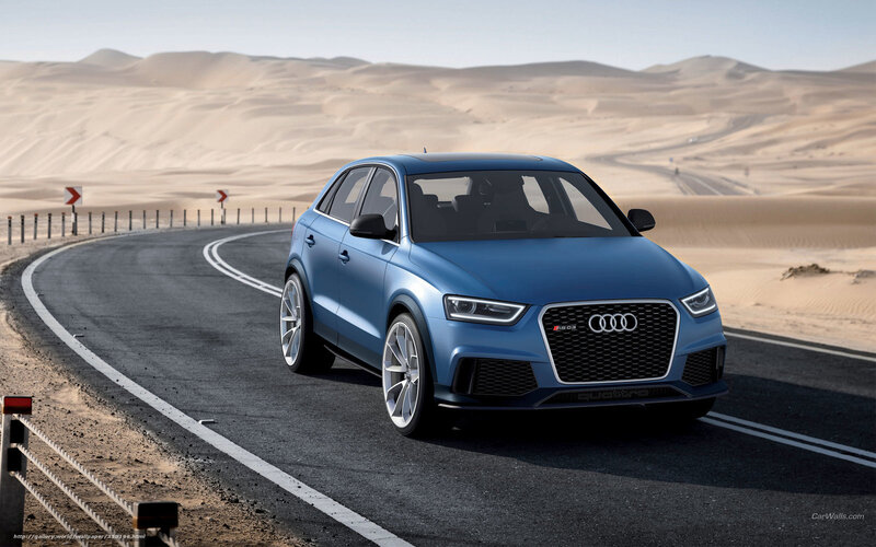 Blue Audi RS Q3 on desert road