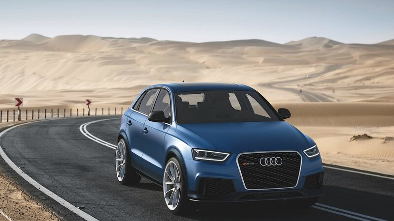 Blue Audi RS3 on desert road