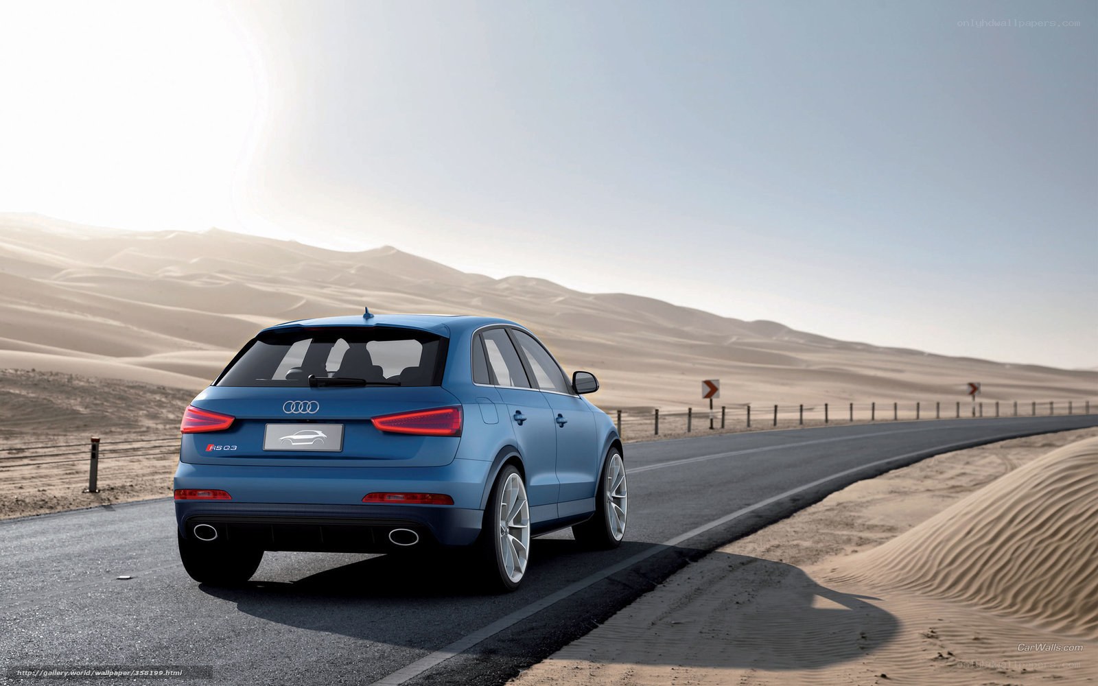 Blue Audi RS3 on desert road