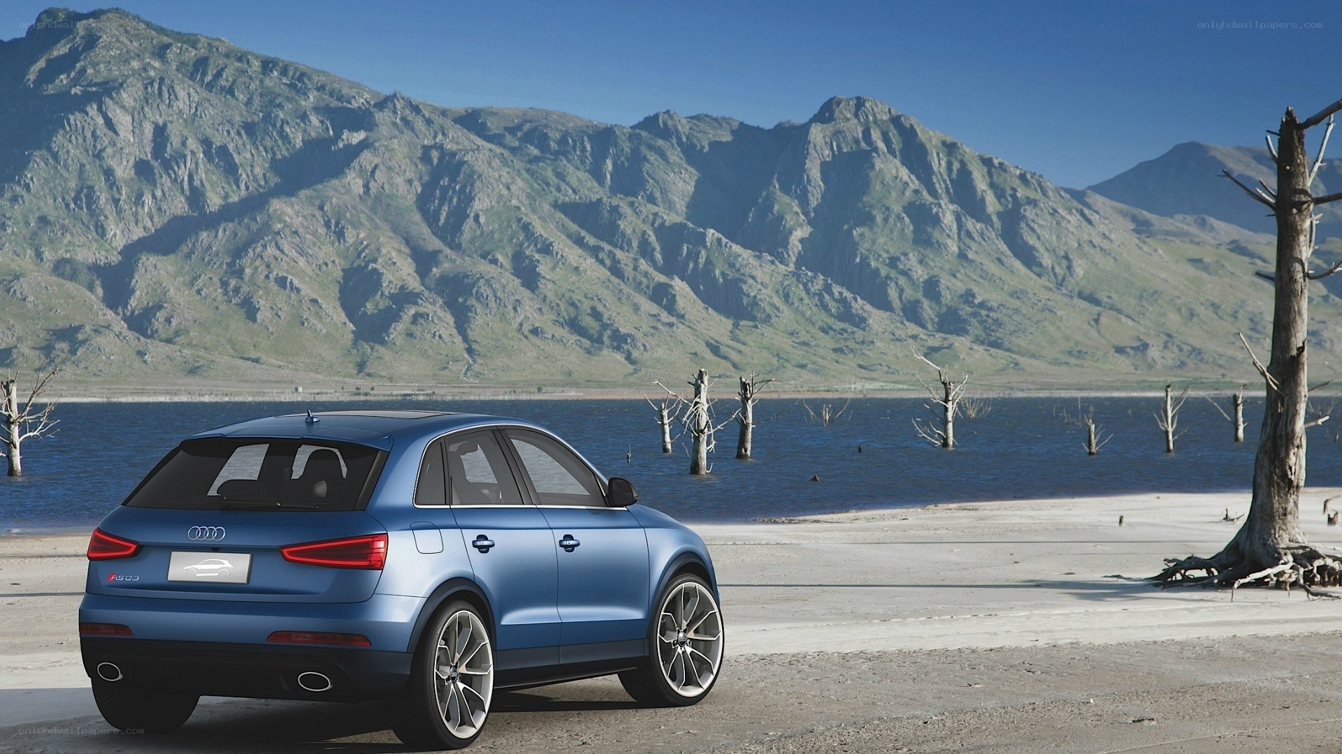 Blue Audi SUV by a lake