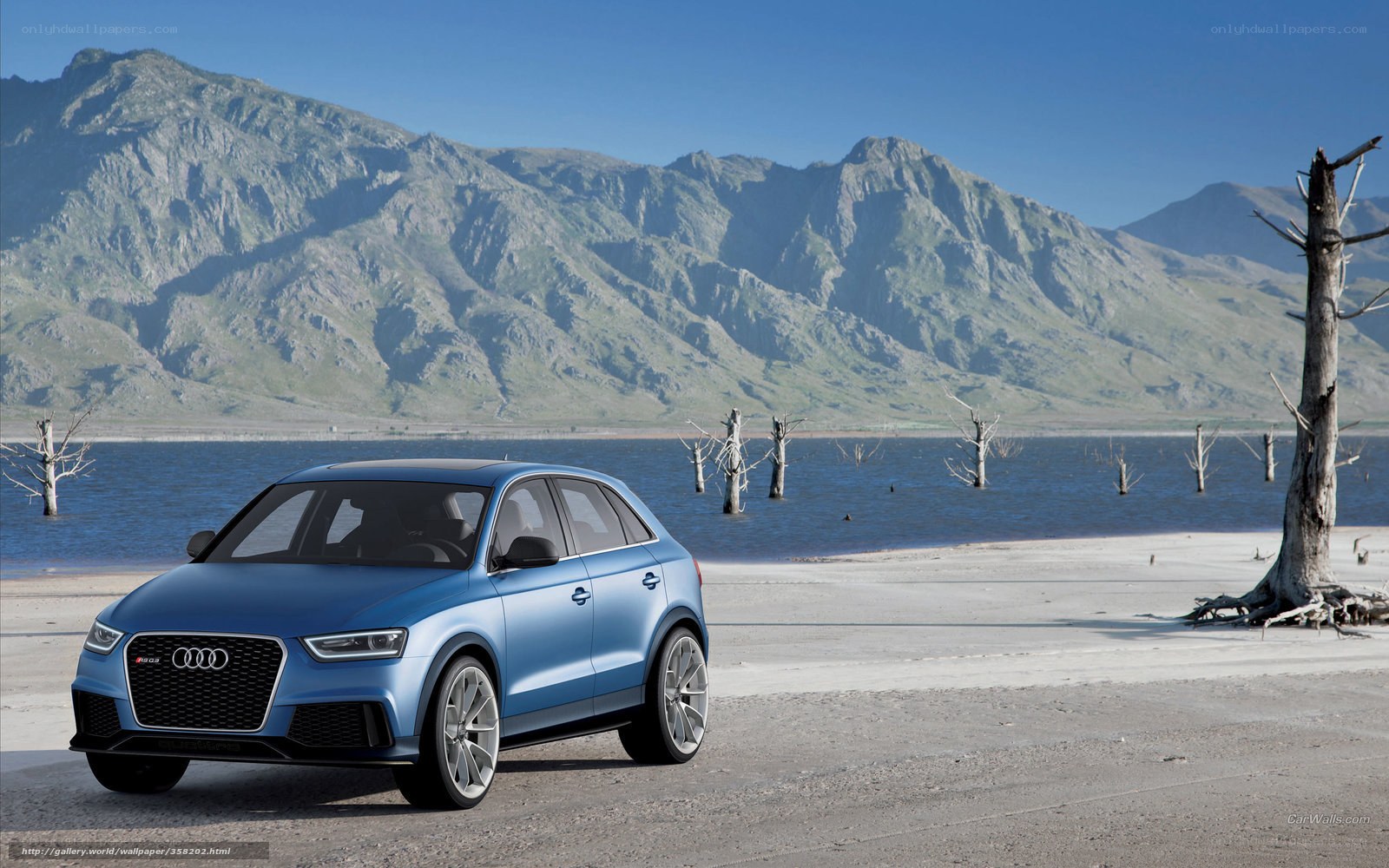 Blue Audi SUV by a lake