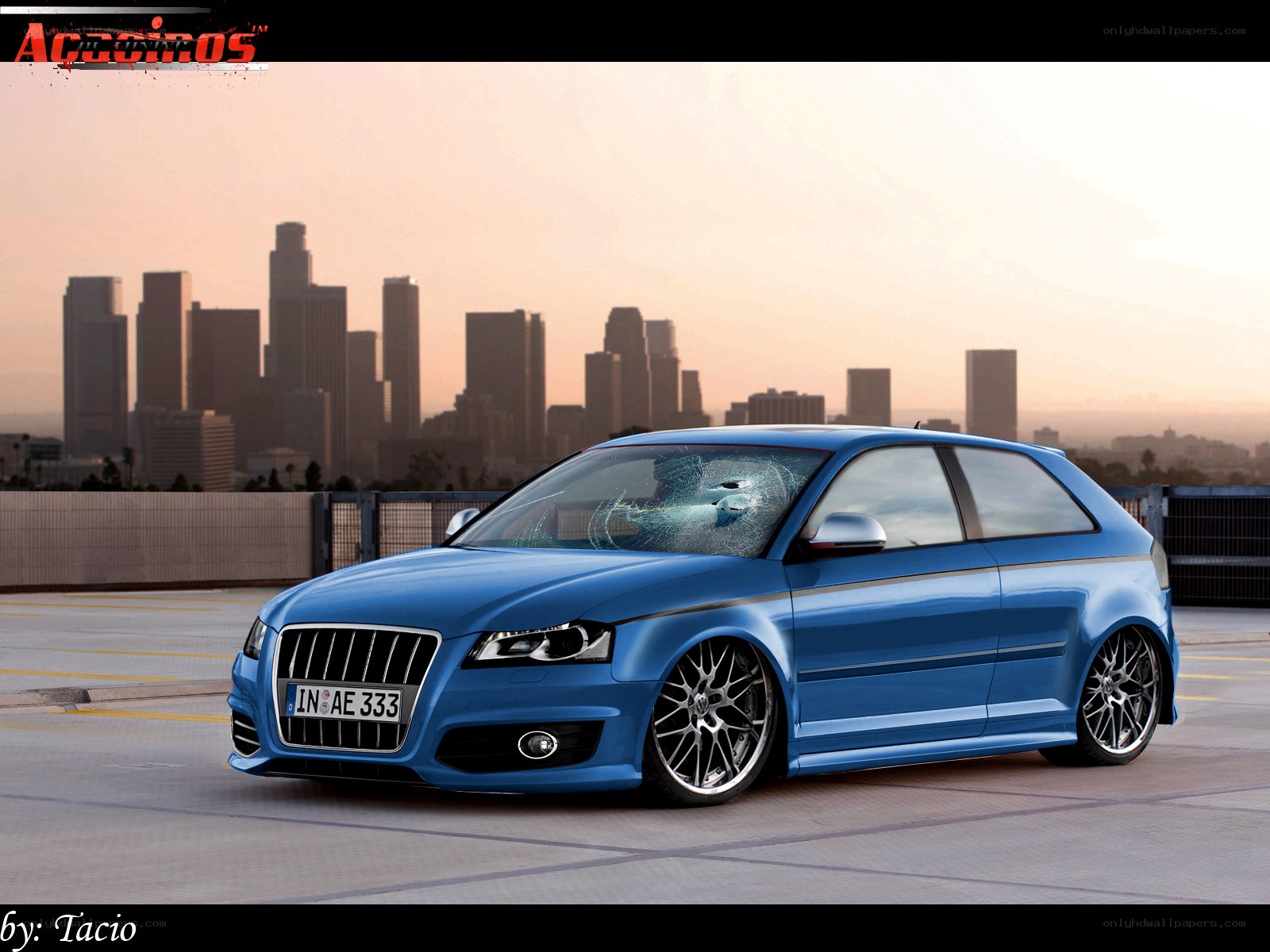 Blue Audi with shattered windshield