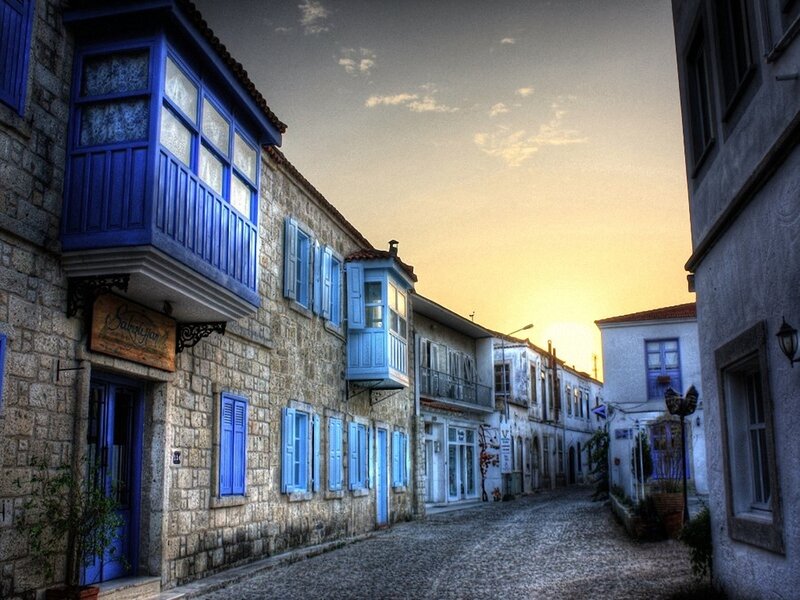 Blue balconies at sunset