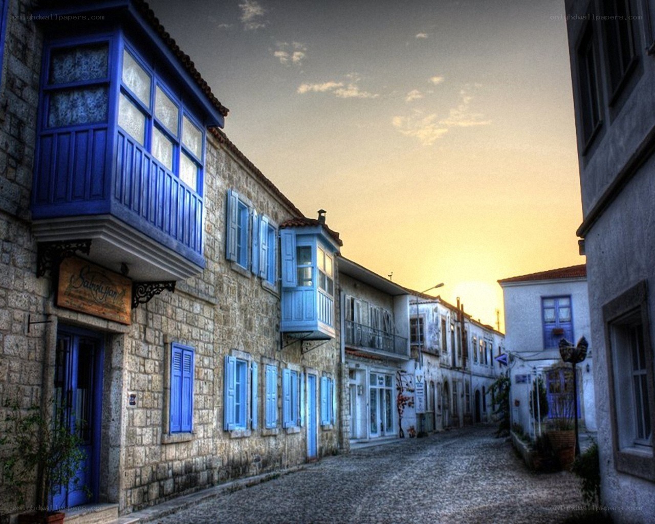 Blue balconies at sunset