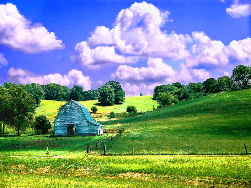 Blue Barn on Green Hill