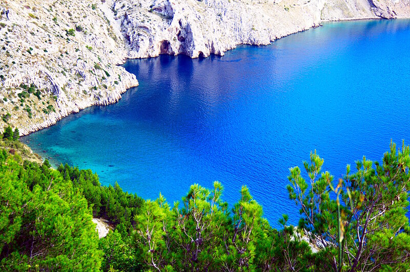 Blue Bay with Cliffs — Serene, Afternoon, Photograph, Trees