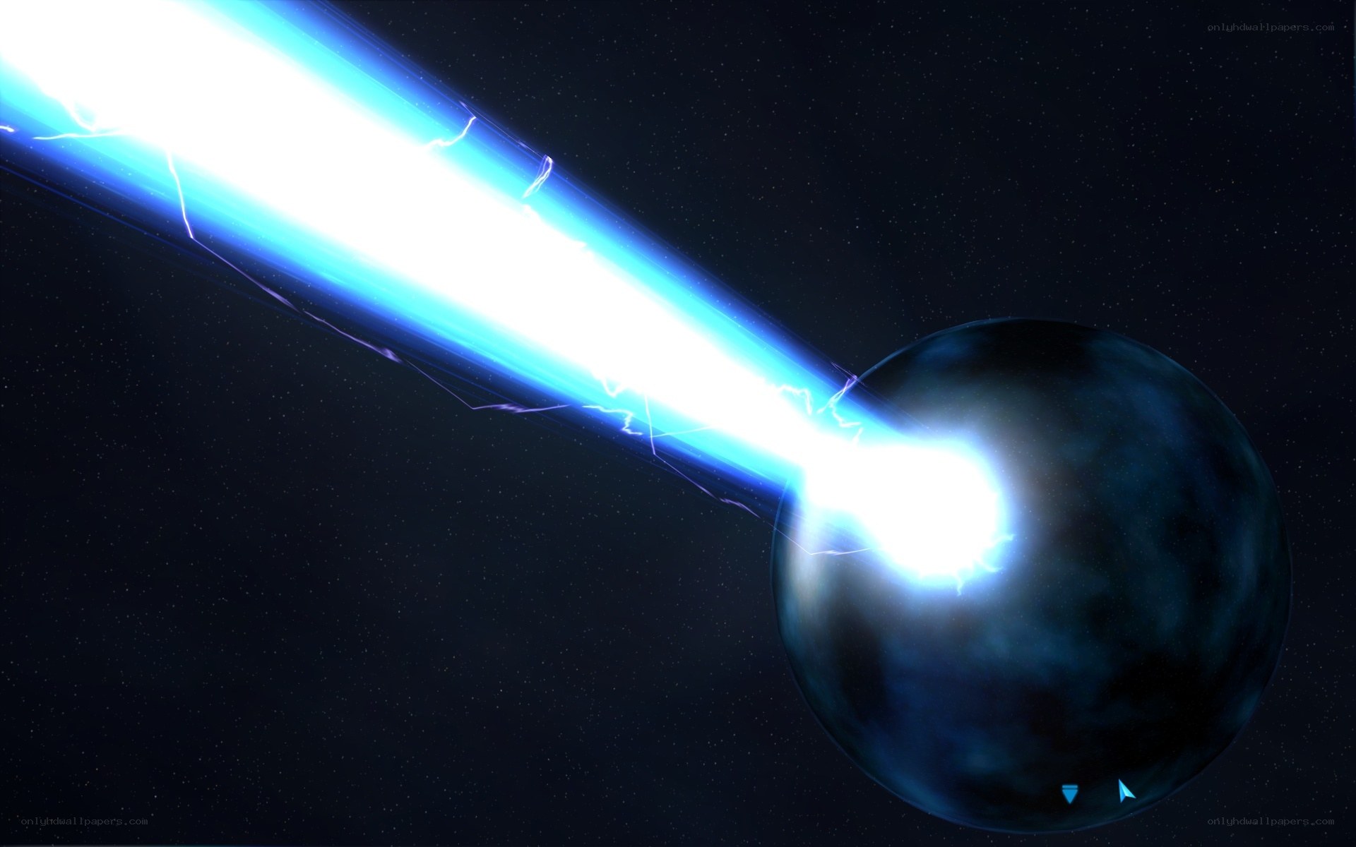 Blue beam hits planet