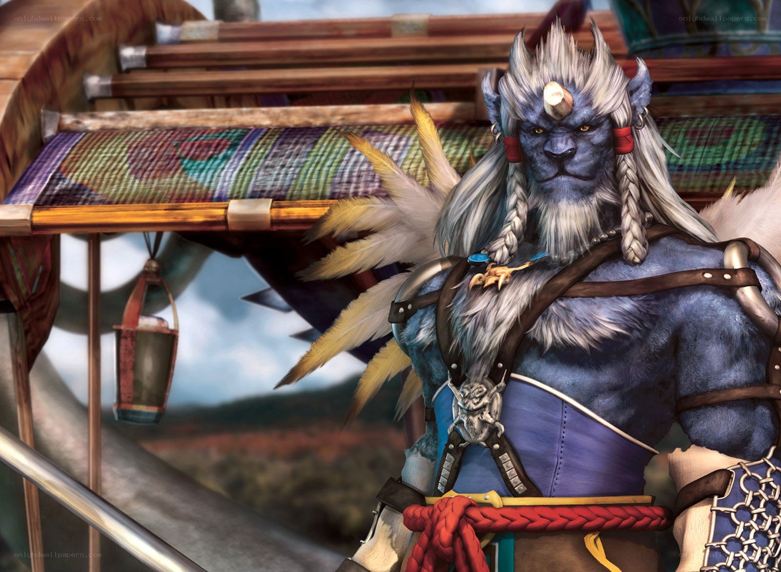 blue beastman warrior on a ship