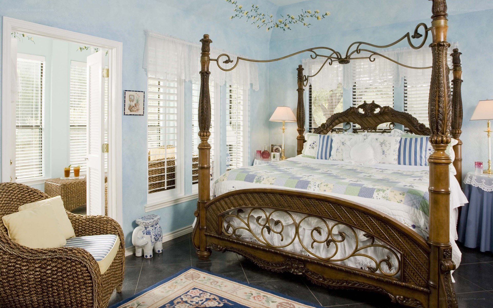 blue bedroom with four-poster bed