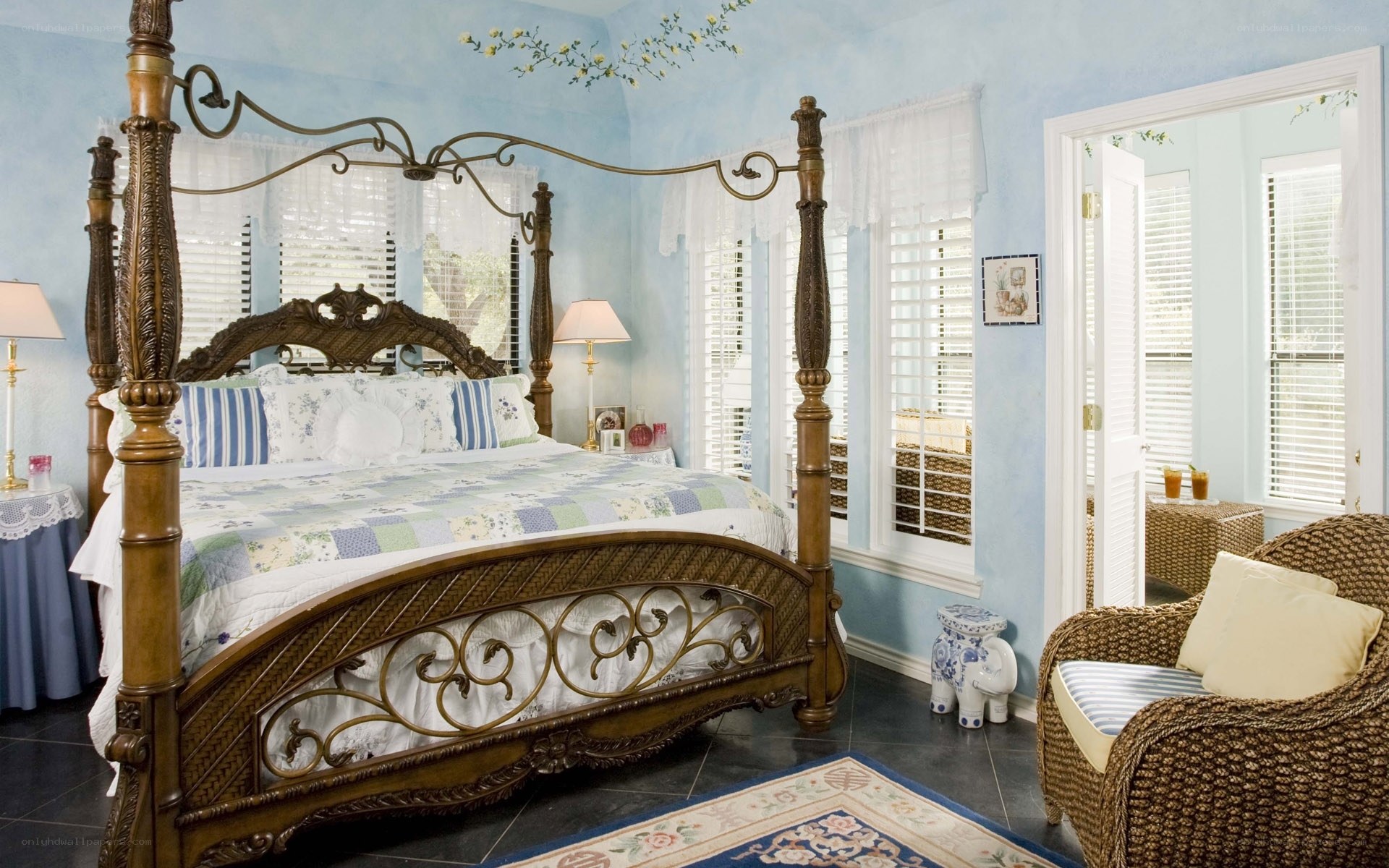 Blue bedroom with four-poster bed