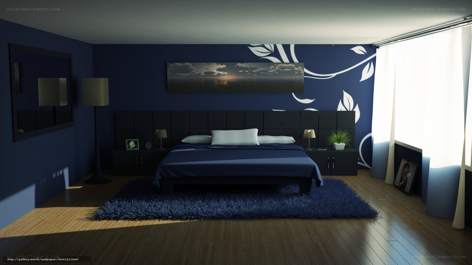 Blue bedroom with ocean view