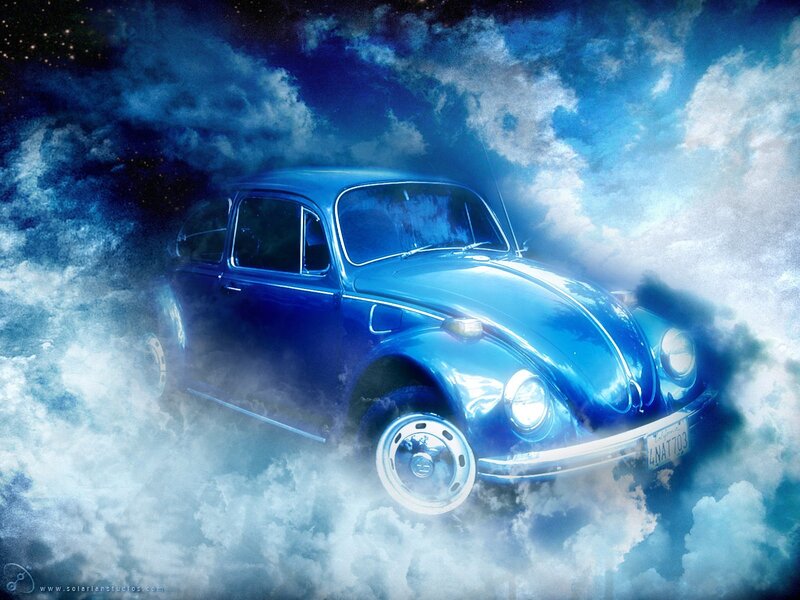 Blue Beetle car in clouds