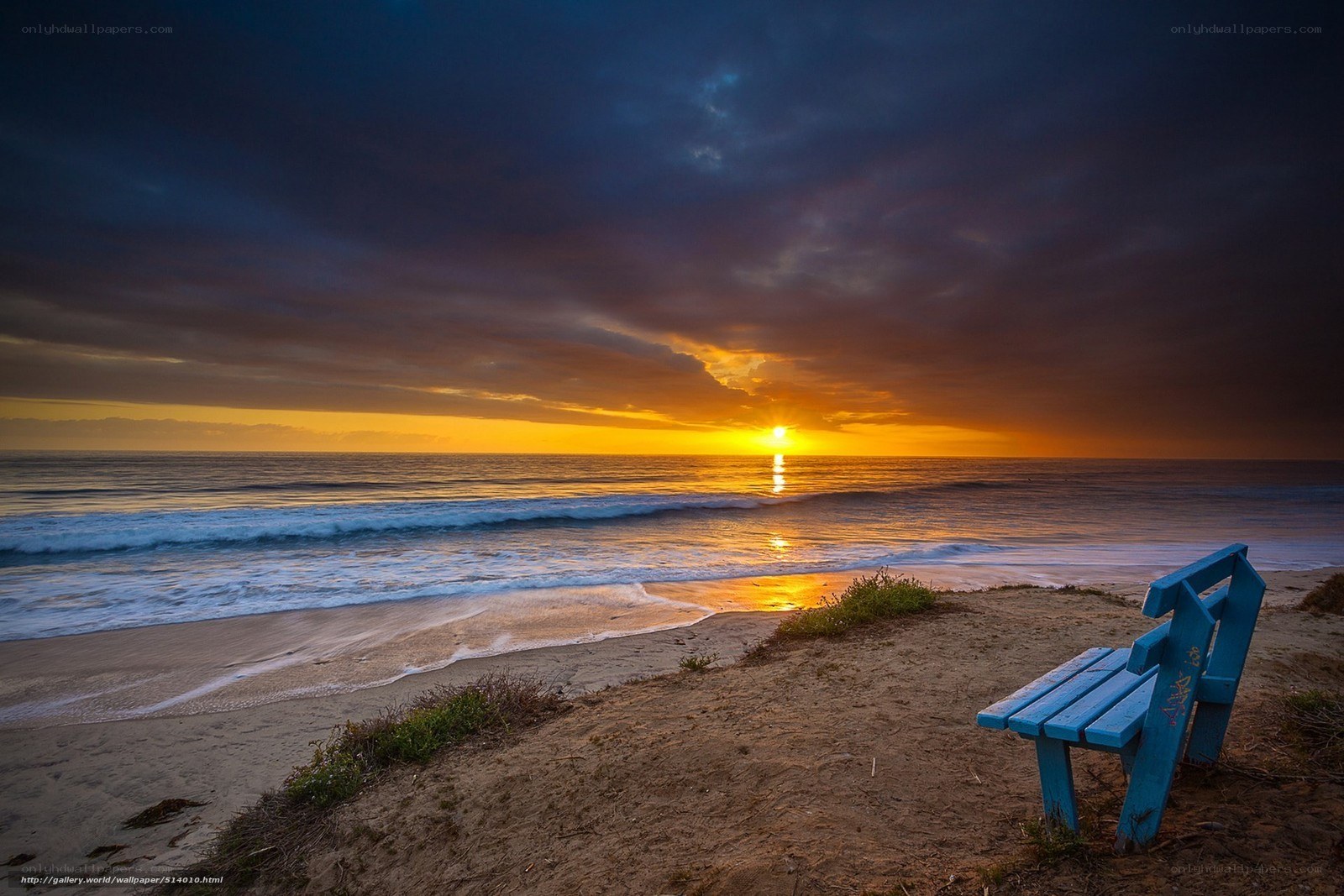 Blue bench at sunset on beach