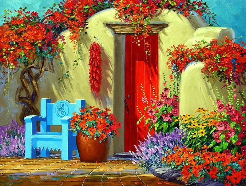 Blue Bench by Red Door
