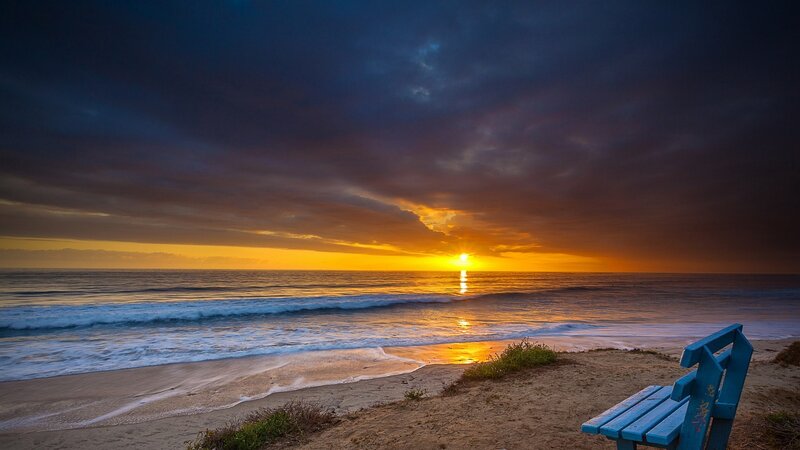 Blue Bench on Beach — Dramatic