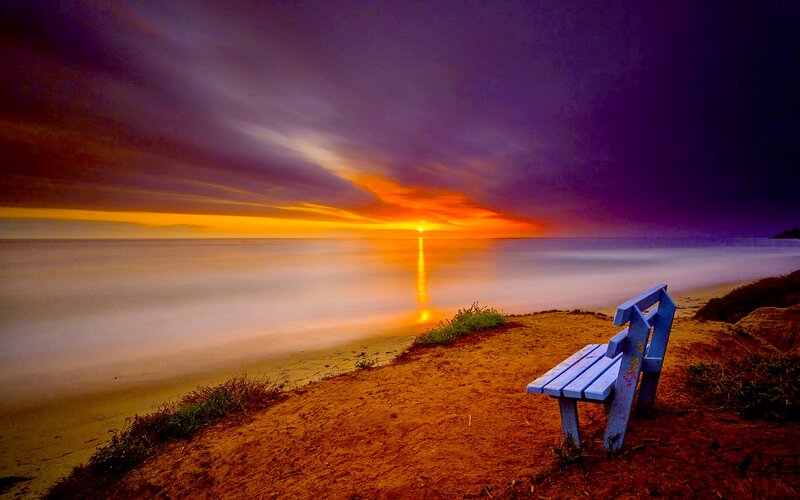 Blue Bench on Beach — Purple