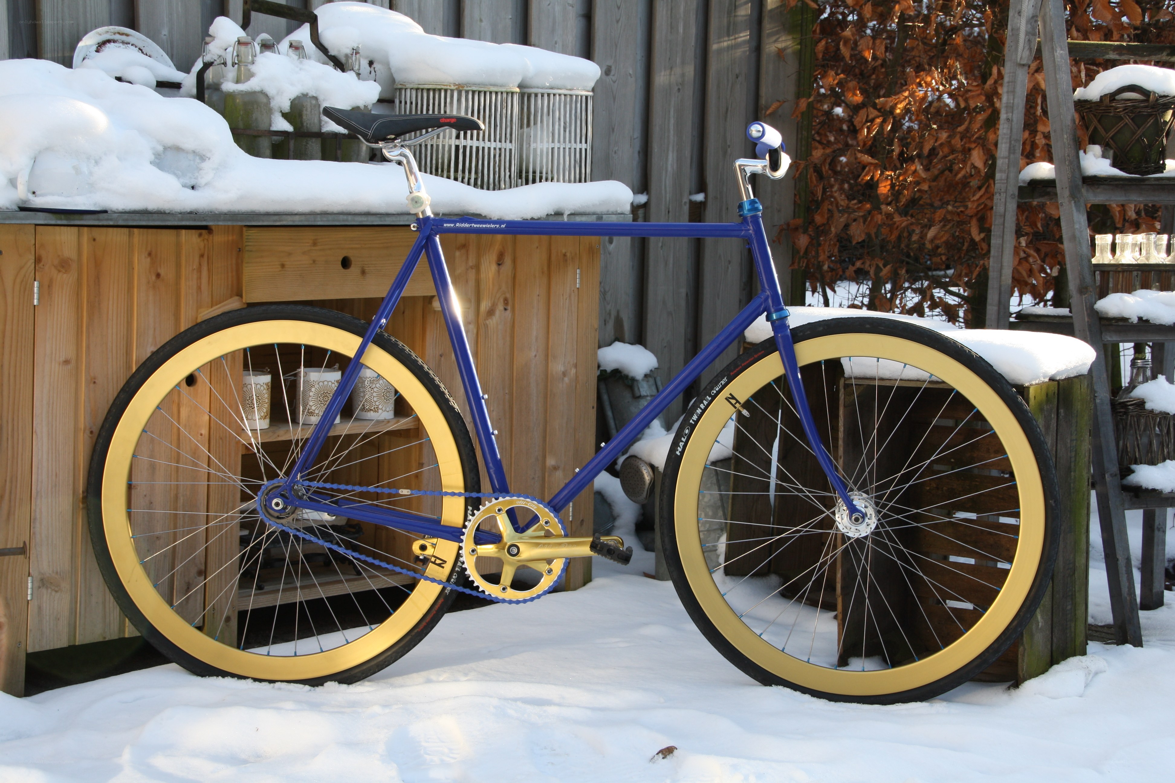 blue bicycle in snow