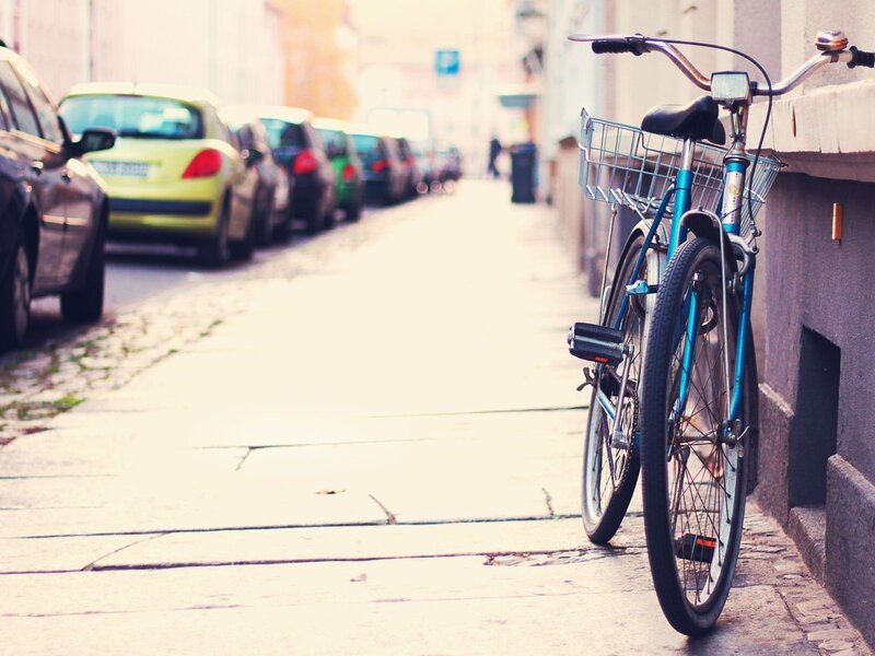 Blue Bicycle on Sidewalk — Calm, Afternoon, Photograph
