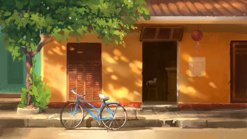 Blue Bicycle on Sidewalk — Yellow
