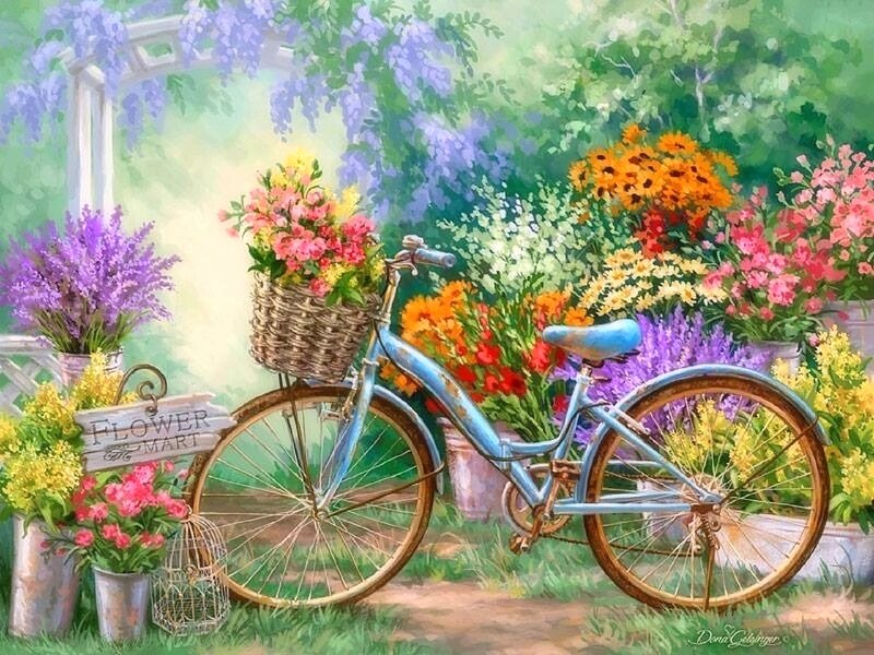Blue Bicycle with Flowers — Green
