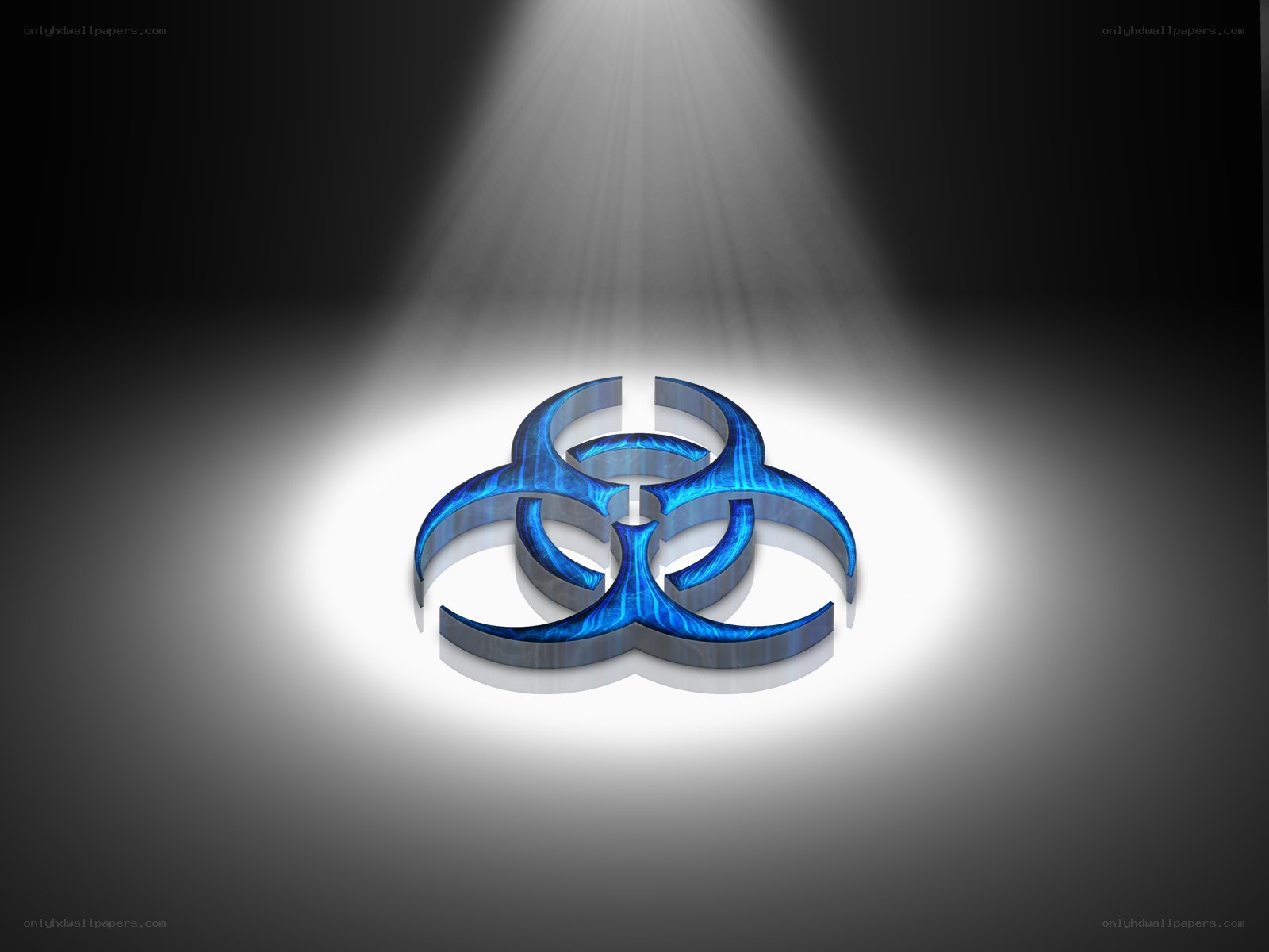 Blue biohazard symbol under spotlight