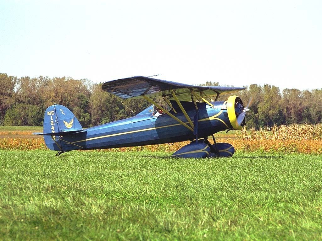 blue biplane on grass field