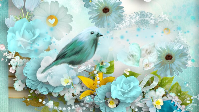 Blue Bird Among Flowers