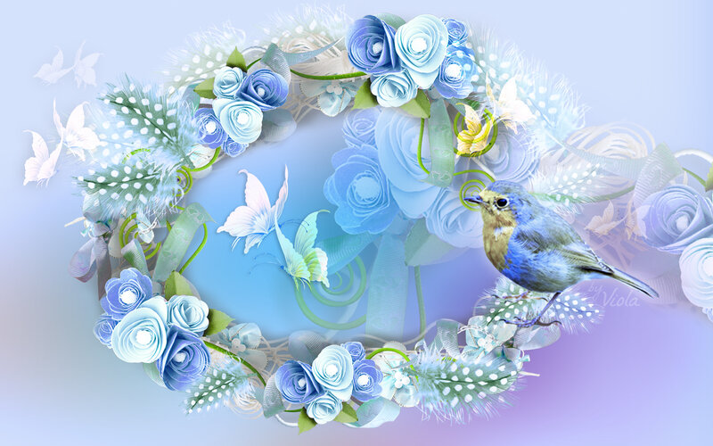 Blue Bird in Floral Wreath