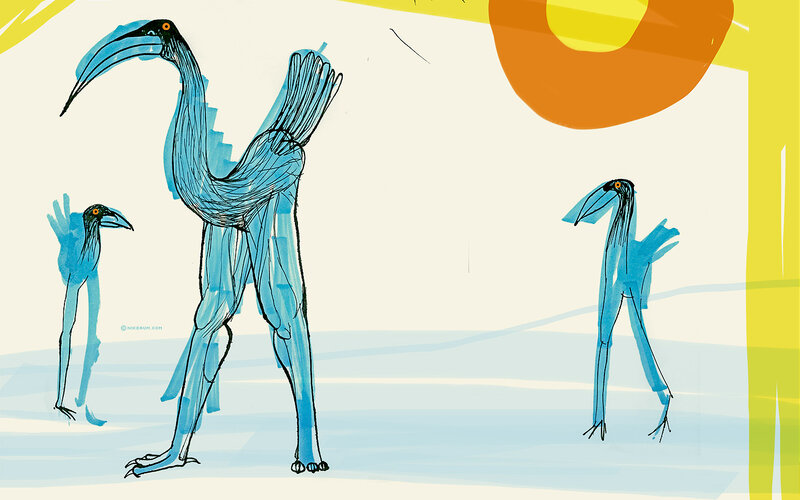 Blue bird-like creatures in a surreal landscape