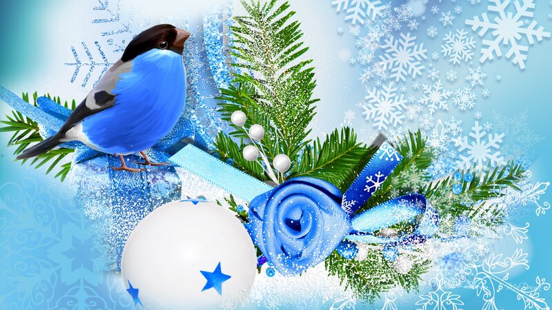 Blue Bird on Branch — Festive