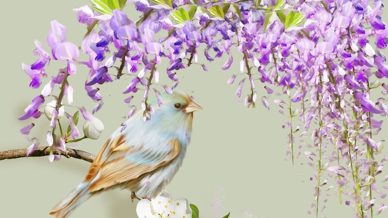 Blue Bird on Branch — Purple